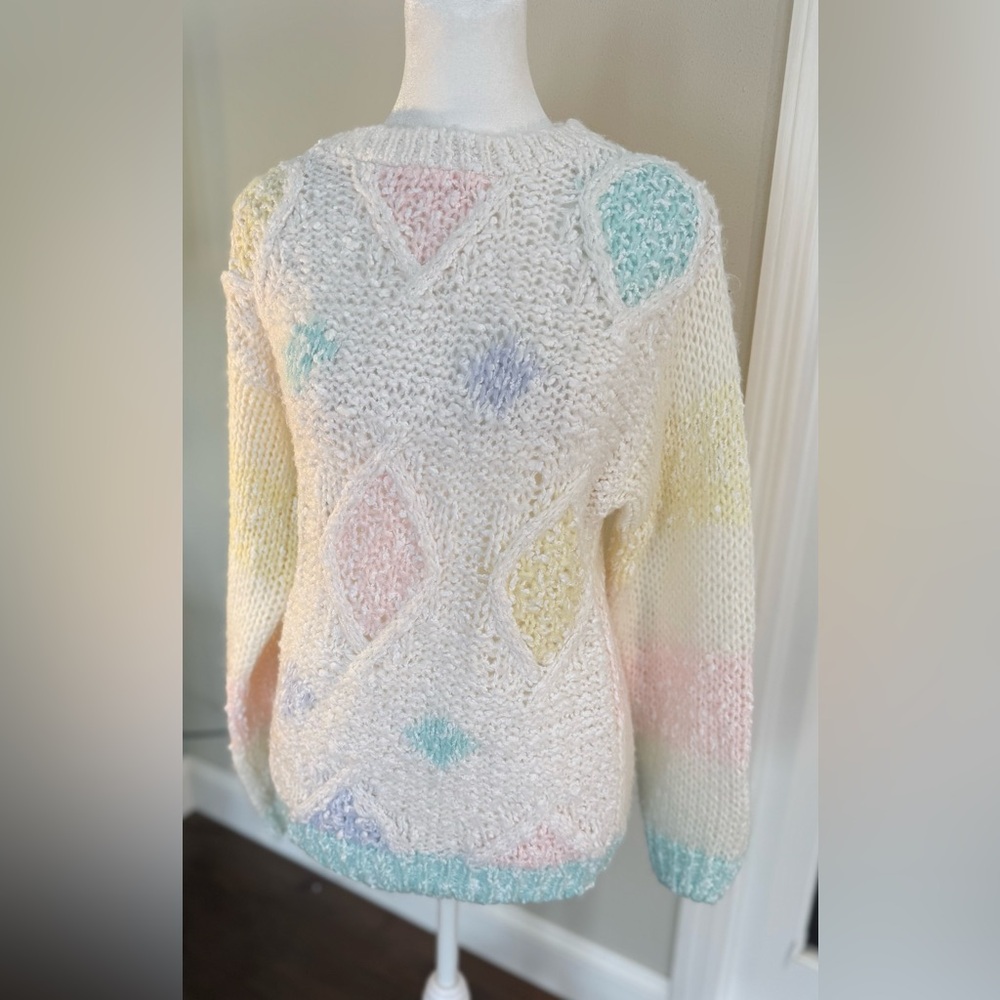 Vintage 1980s Margules Pastel Hand Knit Grandma Chunky Cozy Sweater Large